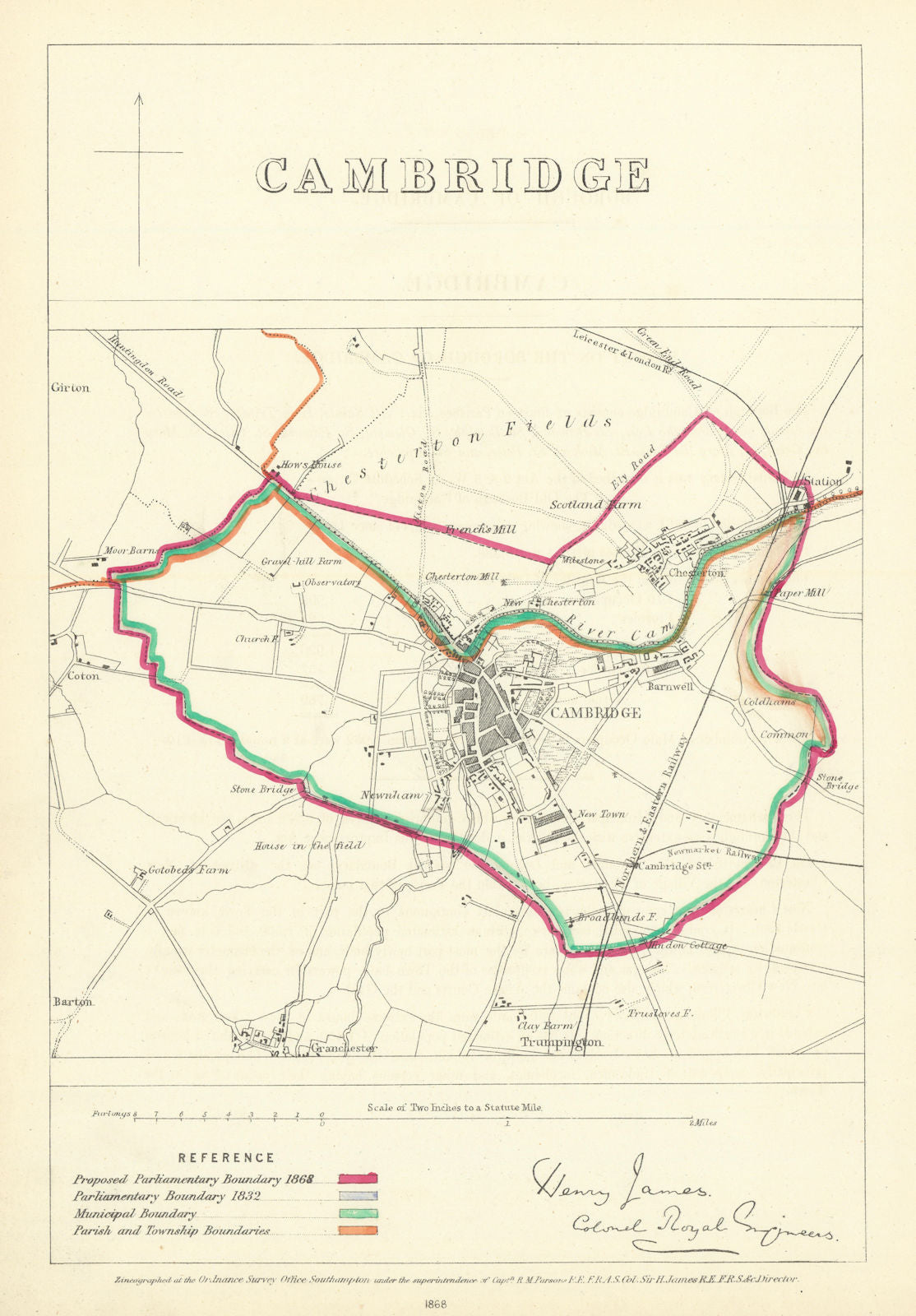 Cambridge, Cambridgeshire. JAMES. Parliamentary Boundary Commission 1868 map